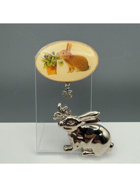 Vintage Rabbit Bunny Set of 2 Brooch John Hardy Tie Clip Enamel Silver Tone